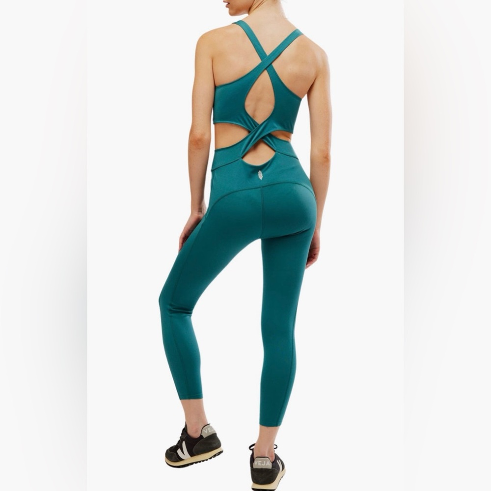 FP Movement Back It Up Onesie Sz L Pacific Green Cutout Crisscross Jumpsuit - Picture 3 of 9